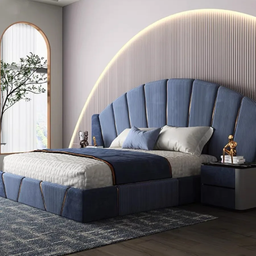 King bed with soft matte fabric, blue leather upholstered double bed, bedroom furniture
