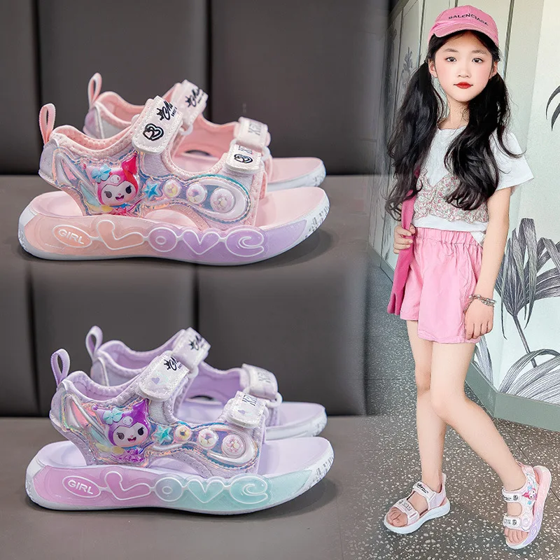 

Детская повседневная обувь Sanrio со светодиодной подсветкой, женские летние сандалии для девочек, детские пляжные розовые туфли Princess Melody для девочек, размер 26-37
