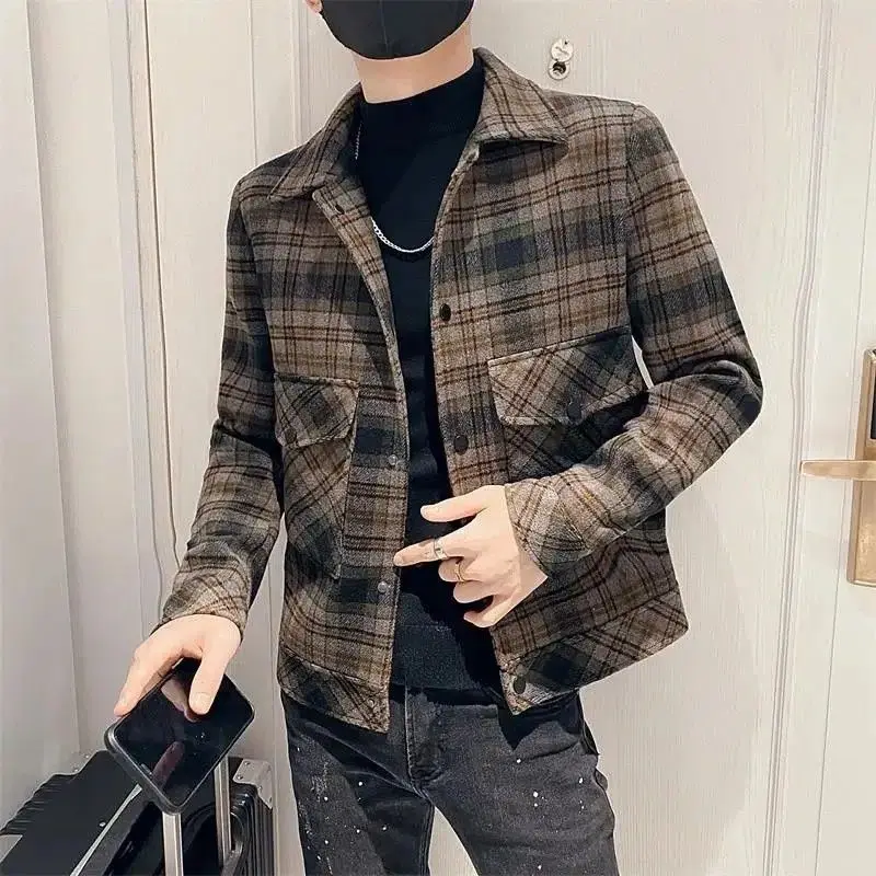 Autumn/Winter Men Polo Neck Woolen Jacket Fashion Slim Fit Suit Coat HighQuality Checkered Multi Pocket Korean Casual Jacket