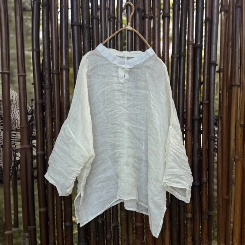 

Plus Size Ramie Solid Thin Summer Shirts and Blouses for Women O-Neck Three Quarter 2025 New Female Vintage Casual Tee Shirt