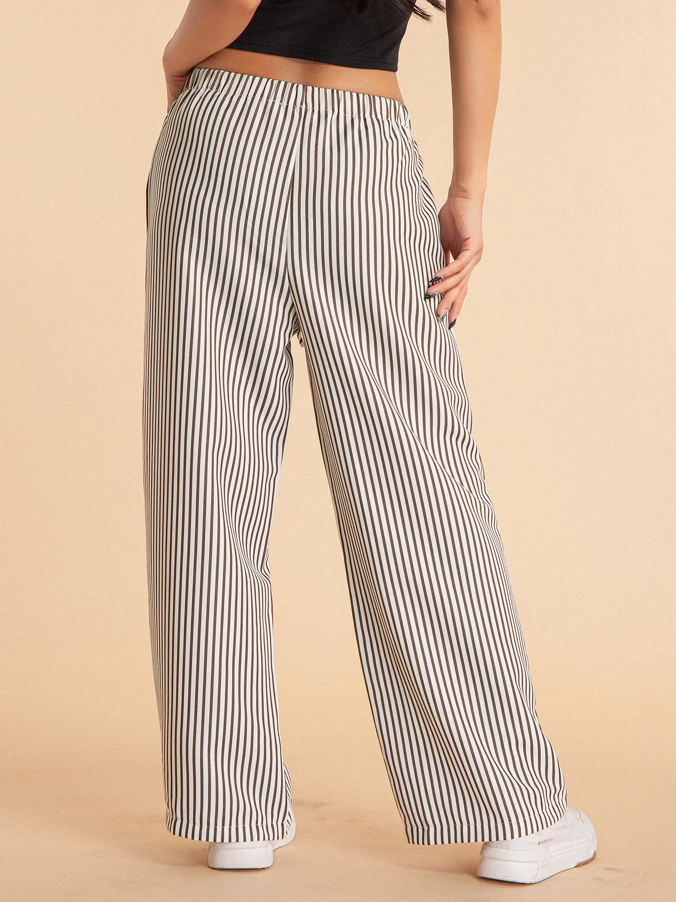 Damenmode, lässig, gestreift, bedruckt, weites Bein, elastische Kordelzug-Taille, vielseitige, lockere Hose mit weitem Bein