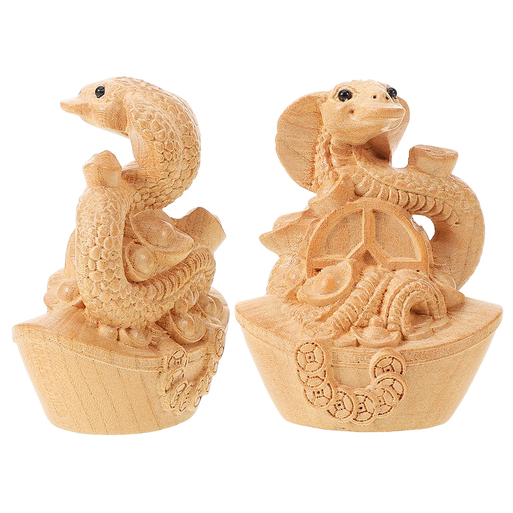 

2Pcs Wooden Hand-Carved Snake Statue Chinese Zodiac Snake Figure for Office Desk Home Feng Shui Decoration 2025 Year Tabletop
