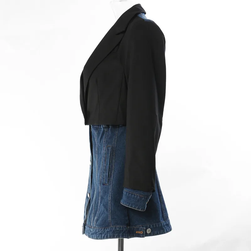 ANJY Autumn New Women American Fake Two-Piece Slim Fit Denim Patchwork Blazer Fashion Streetwear Casual Mid-Length Jacket A13520