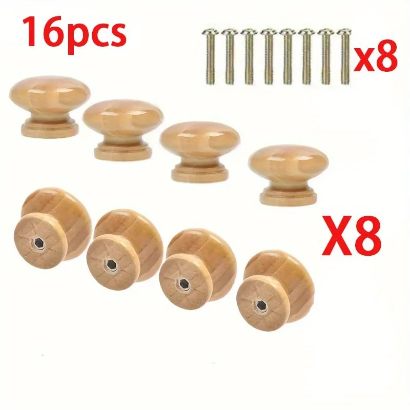 A Set of 16 Pieces, Including 8 Solid Wood Handles and 8 Screws, Suitable for Drawers, Wardrobes, and Storage Boxes