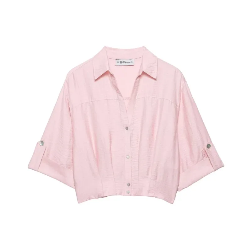 

Женская короткая рубашка, новинка весна-лето, с V-образным вырезом, на одной пуговице, с коротким рукавом, эластичным низом, модные повседневные блузки для женщин