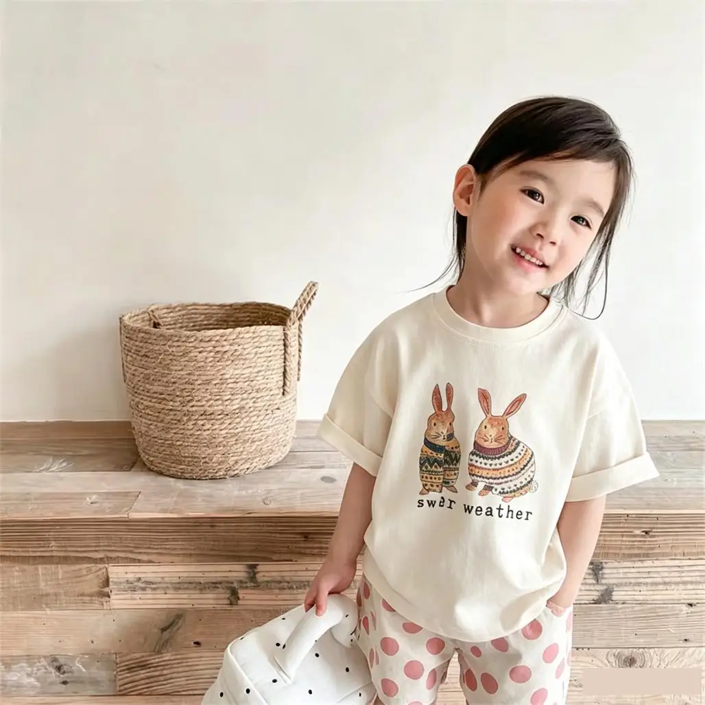 Summer Clothes Cartoon Printed Tshirt Girls Crewneck Base Shirt Pure Cotton TShirt Simple All-match Tees Kids Loose Casual Wear