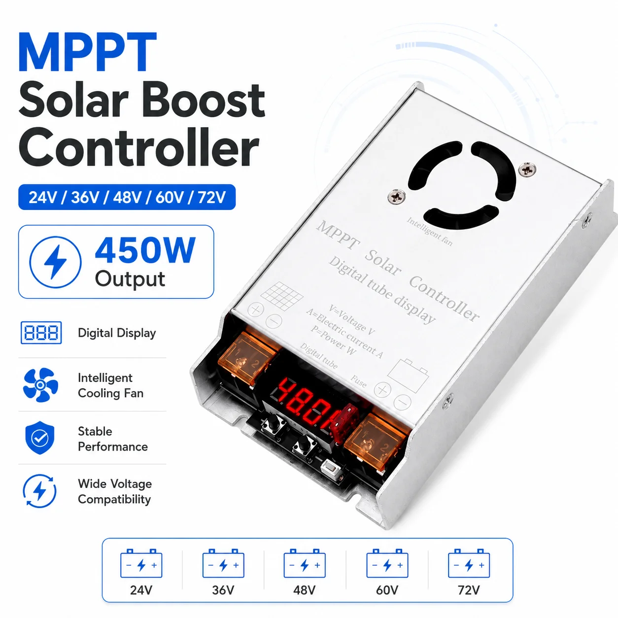 MPPT Solar Boost Laderegler 24V 36V 48V 60V 72V 450W LED-Anzeige Solarpanel-Regler für Batterieladesysteme