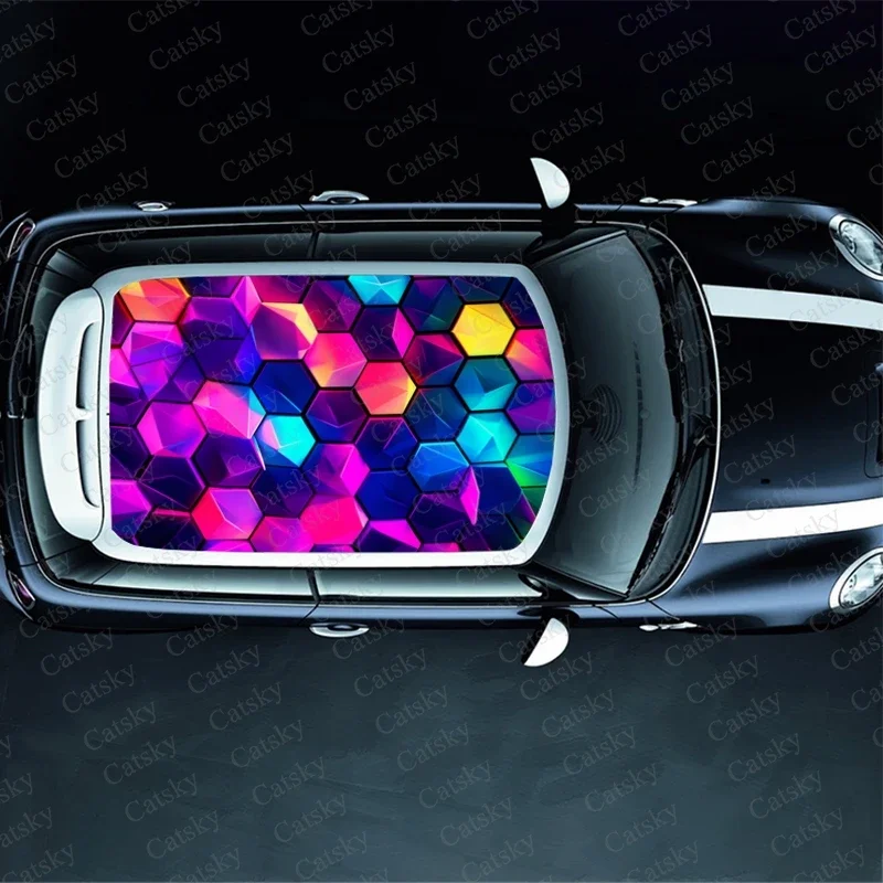 Colorful Rainbow Hexagons Car Roof Sticker Wrap Racing SUV Accessories Packaging Painted PVC Custom Car Graphic Decal