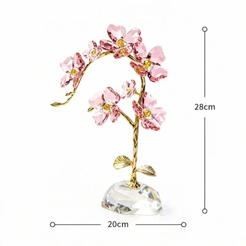 Pink Crystal Flower Phalaenopsis Ornament Gold Metal Branch Desktop Figurine Sparkle Crystal Base Tabletop HomeDecor Statue Gift