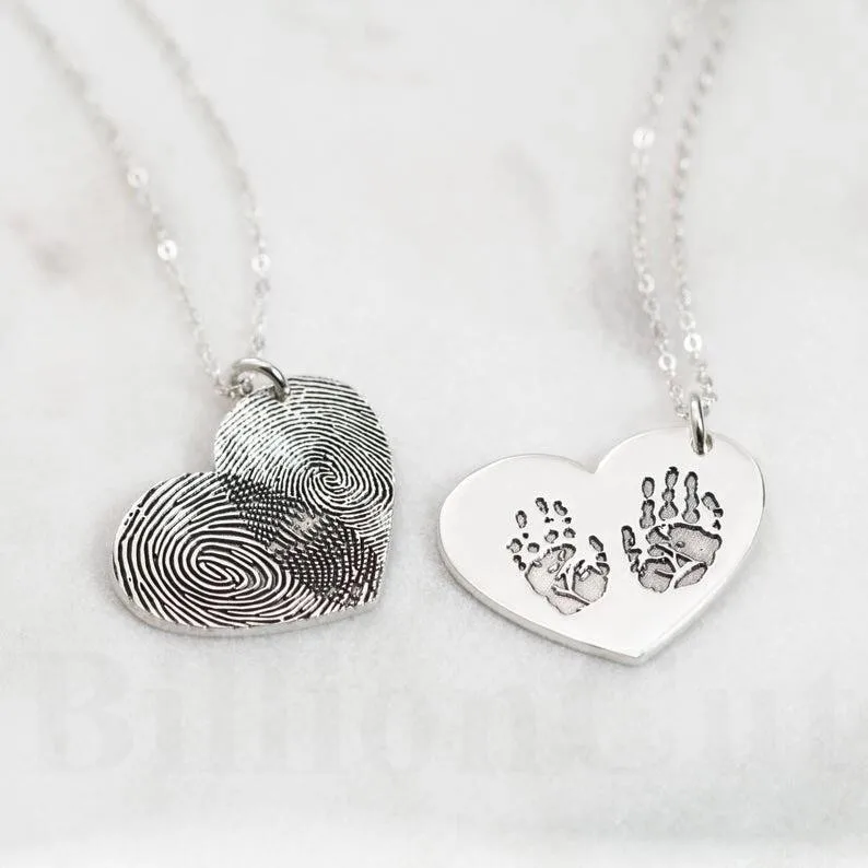 

925 Sterling Silver Customize Fingerprint Handprint Paw print Footprint Necklace with Engraved Name Necklace for Memorial Gift
