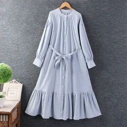 Autumn New Sweet Long Sleeve Plaid Dress Women Casual Single Breasted Dress DD8372