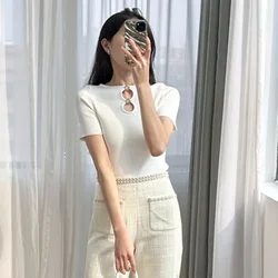 Women White Sweater Metal Decoration Holllow out O-Neck Short Sleeve Slim Elegant 2024 Summer Knitted Pullover