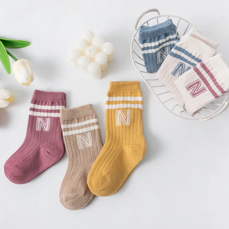 3Pairs Children Knit Soft Cotton Letter Socks Kids Long Knee High Socks Infant Toddler Baby Boys Girls Cute Stripe Socks