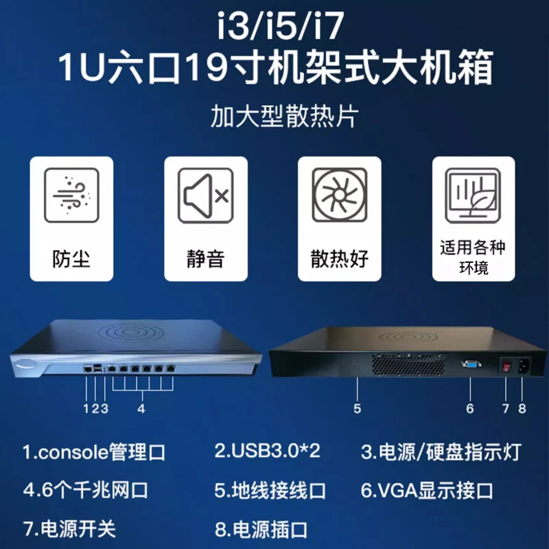 6-Port 8-port aluminum panel full Gigabit industrial computer soft routing i3i5i7 enterprise router X86 host 1U chassis