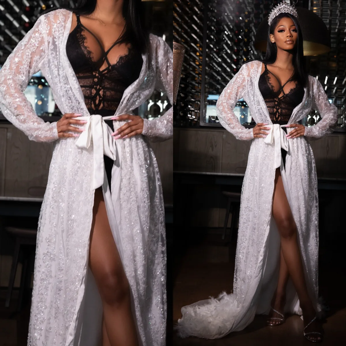White Lace Sequined Wedding Robe Customized Bridal Robes Long Sleeve Lingerie Women Gowns Boudoir Bathrobe