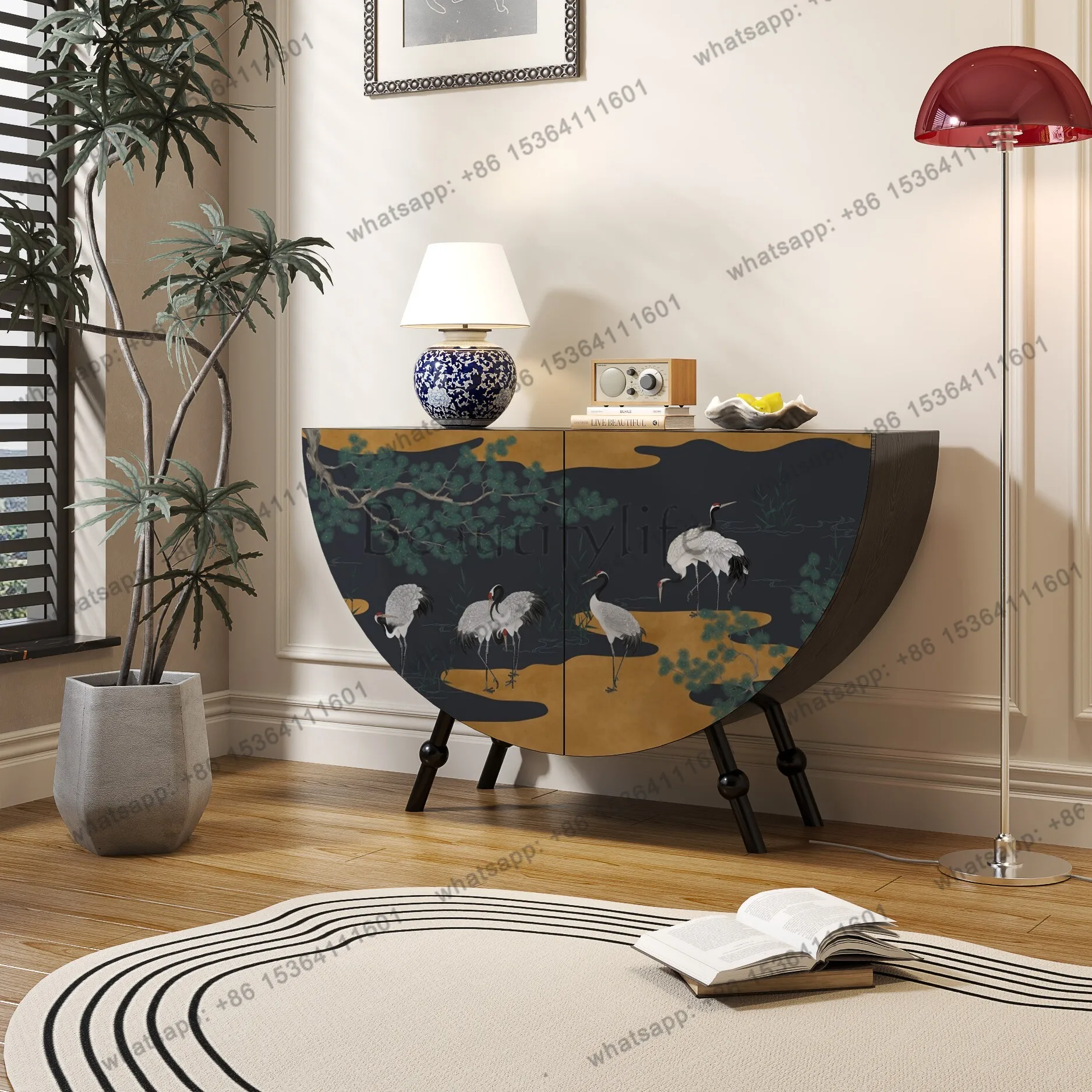 

French retro semicircular entrance cabinet entrance door household living room dining side cabinet