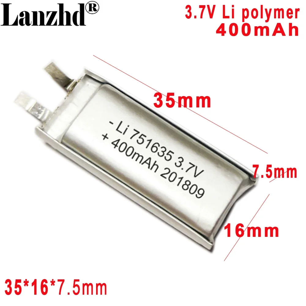 

3.7V Battery 400mah polymer lithium battery For Power mask Beauty instrument lithium battery 751635 701535