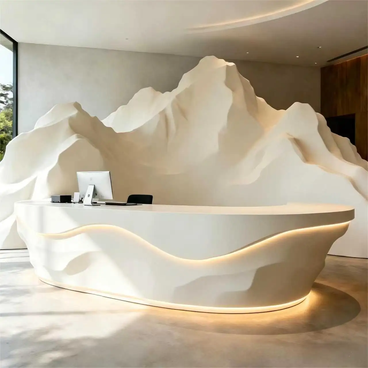 Fiberglass Modern Reception Desk Wabi-Sabi Wind/Waves Design LED Light Fashion Feature Hospital Front Desk Office Commercial