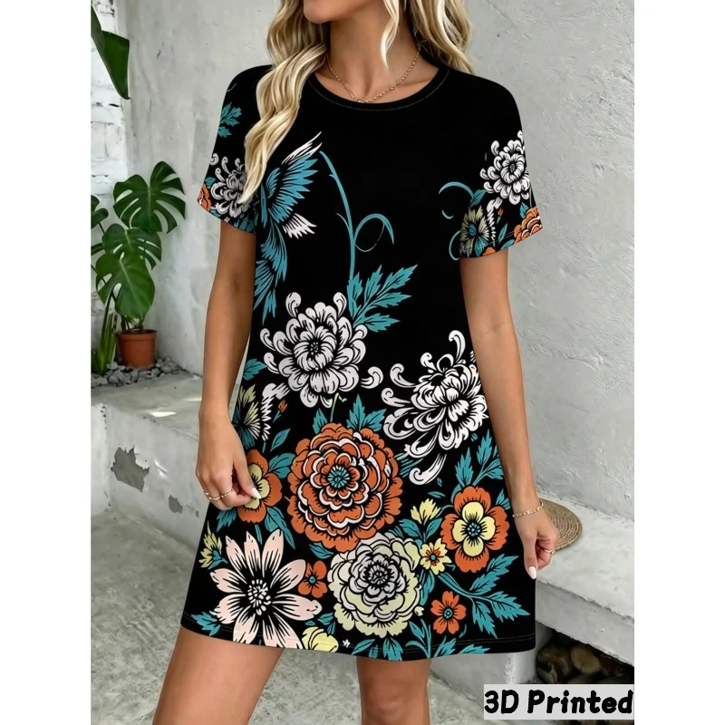 Vestido de estilo vacacional con estampado floral retro en 3D, manga corta, cuello redondo, corte holgado y línea en A. Vestidos de mujer.