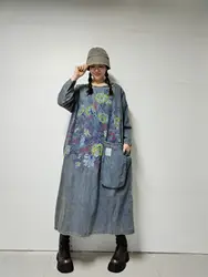 Female new spring and autumn plus size personality retro printing  sense do old O-collar casual  loose denim dress