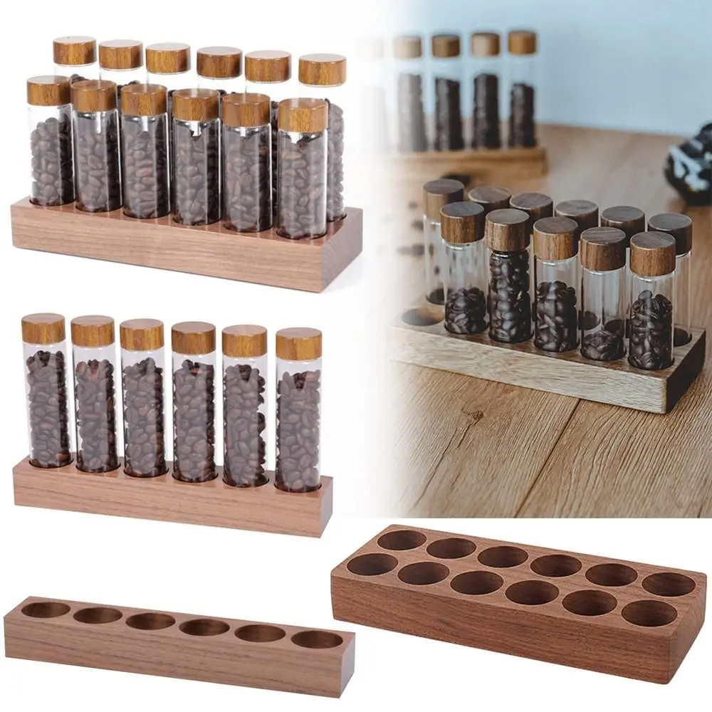 Multi-function Coffee Beans Display Rack Wooden Brown Wood Base Holder 6/12 Holes Coffee Supplies