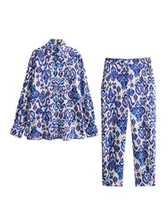 Co Ord 2 Piece Sets Women Outfits Long Sleeve Shirt And Tapered Trousers New In Matching Sets Women Vintage Print Pant Sets