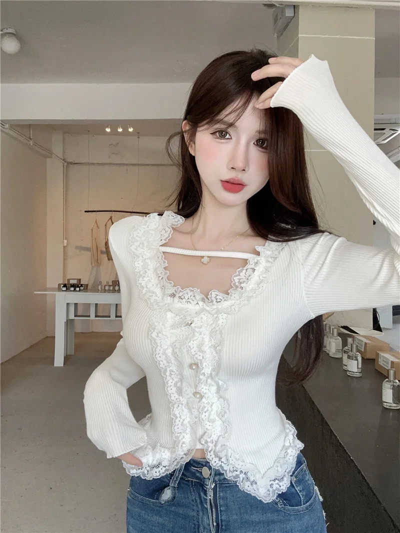 KUSAHIKI Chic Sweet Spicy Girl Knitwear 2024 Spring New Fashion Base Y2k Tops Korean Hit Color Lace Patchwork Knitted Sweaters