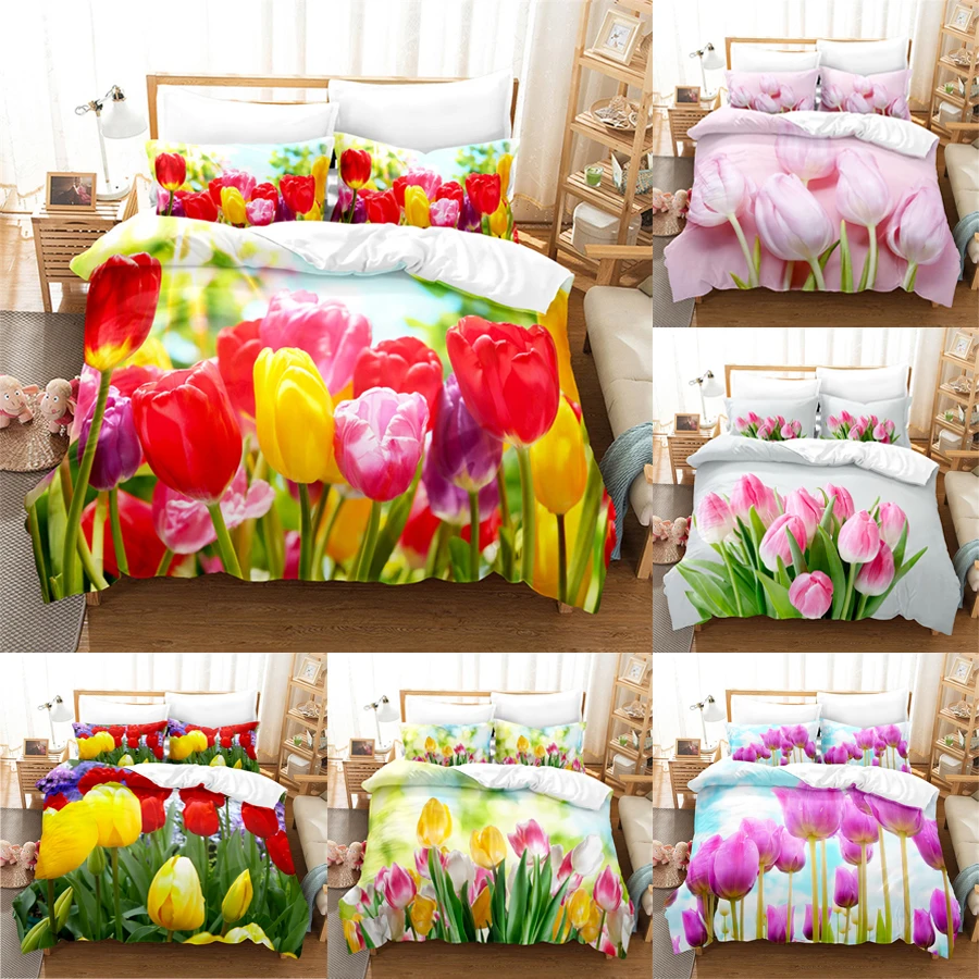 Tulips Duvet Cover Bedding Set 3pcs Lightweight Microfiber 1 Duvet Cover 2 Pillowcase,Comfortable,Breathable,Extremely Durable