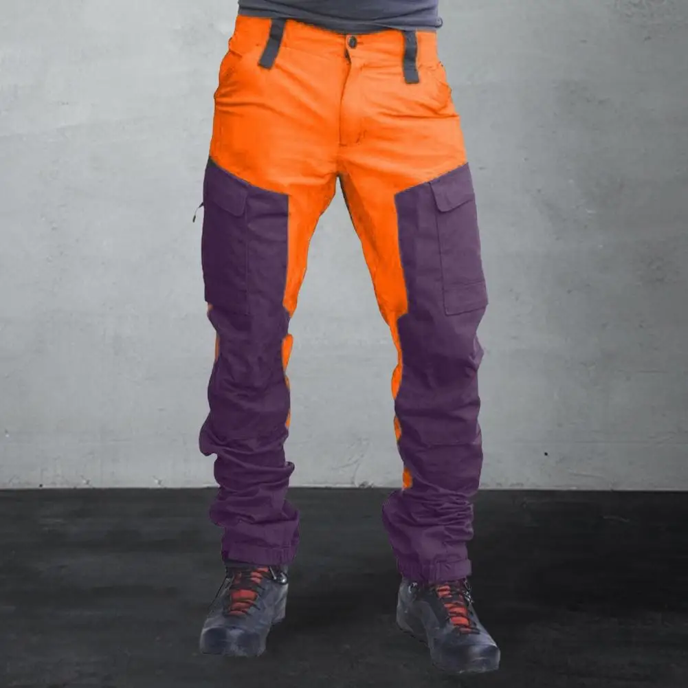 Men Outdoor Cargo Pants Multi Pockets Colorblock Button Zipper Closure Slim Work Trousers Travel Camping Mountaineering Pants