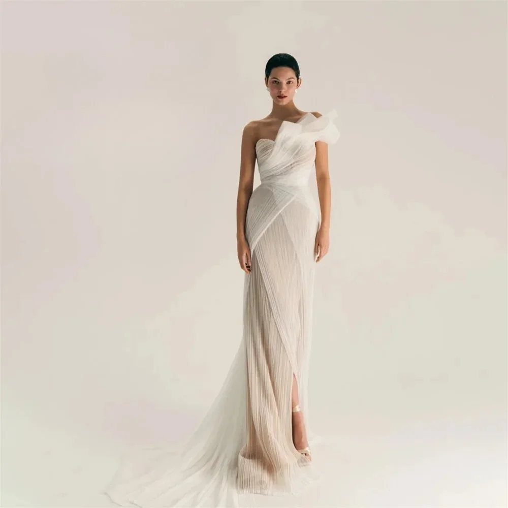 Customized One Shoulder Ruffled Tulle Sheer Overlay Mermaid Wedding Dress Open Back High Slit Long Train Sleeveless Bridal Gowns
