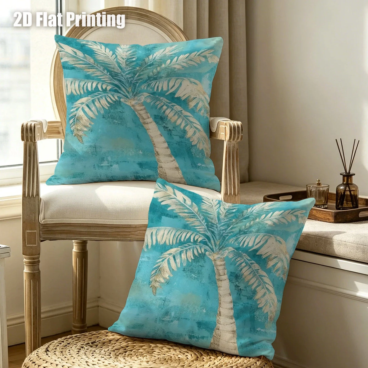 2pc Set of 2 Vintage Palm Tree Tropical Throw Pillow Covers 2D Flat Print Coastal Home Decor Cushion Cases for Living Room