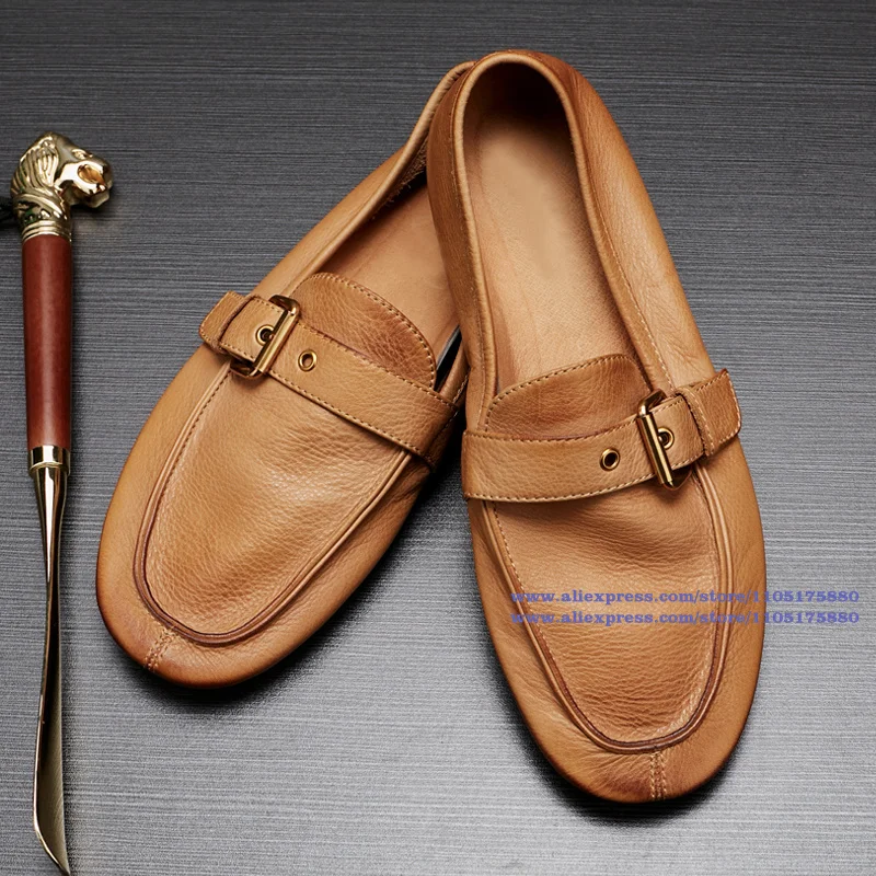 

Buckle Strap Design Loafers Men's Leather Casual Shoes Slip-On Driving Shoes Soft Leather Soft Soled Lightweight Men's Shoes