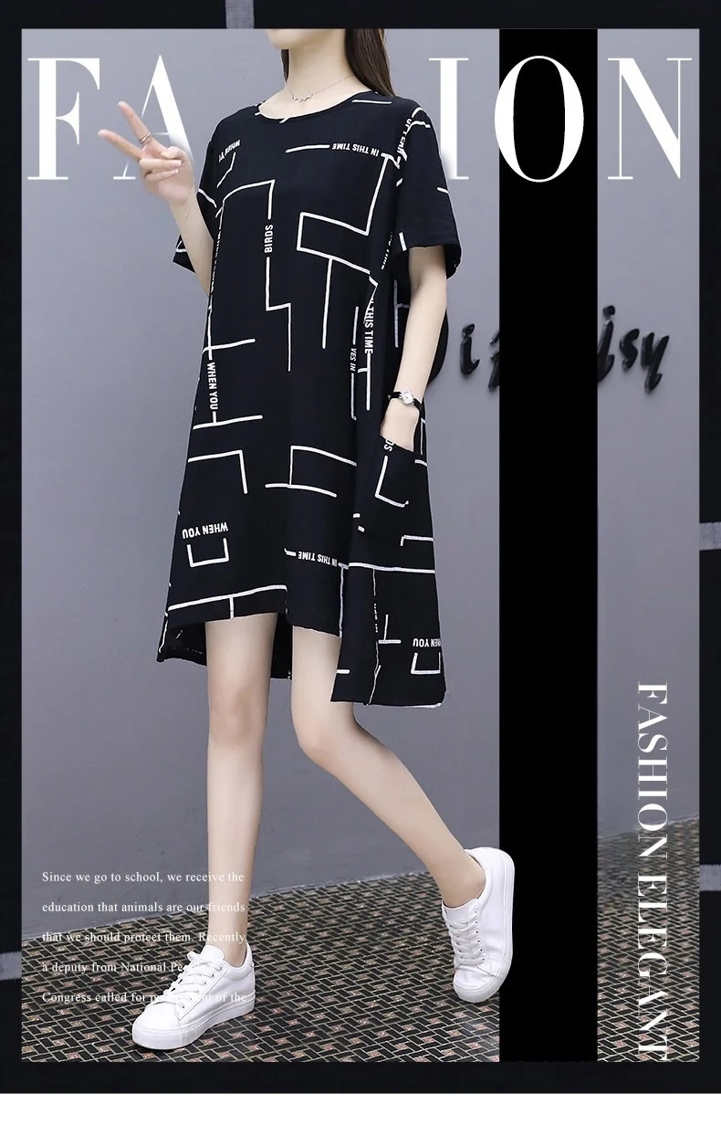 

Women 2024 summer new Korean version of the round neck short-sleeved dress fashion casual dress irregular print large size mediu