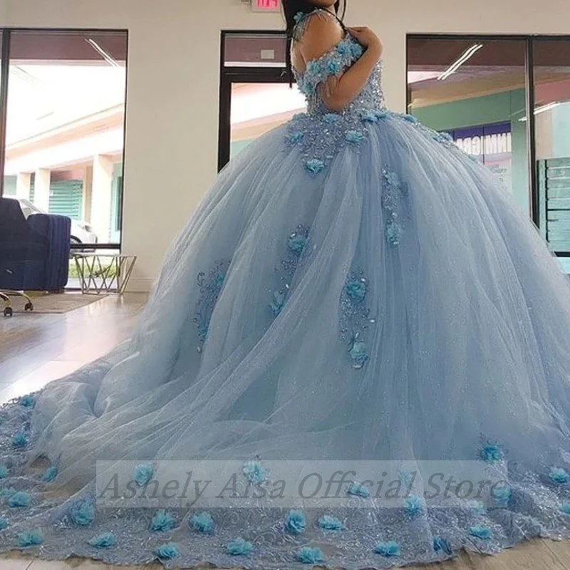 فساتين Quinceanera زرقاء سماوية للفتيات الحلوة ، زهور ثلاثية الأبعاد مصنوعة يدويًا ، حفلة Graduatin ، فستان حفلة موسيقية ، 16 ، 14 حفلة ، 15 سنة