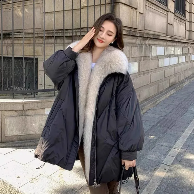 Women\'s Thick Warm Loose Parka with Fox Fur Collar, Winter Coat, Female Down Jacket, Luxury Trend, New, 2024