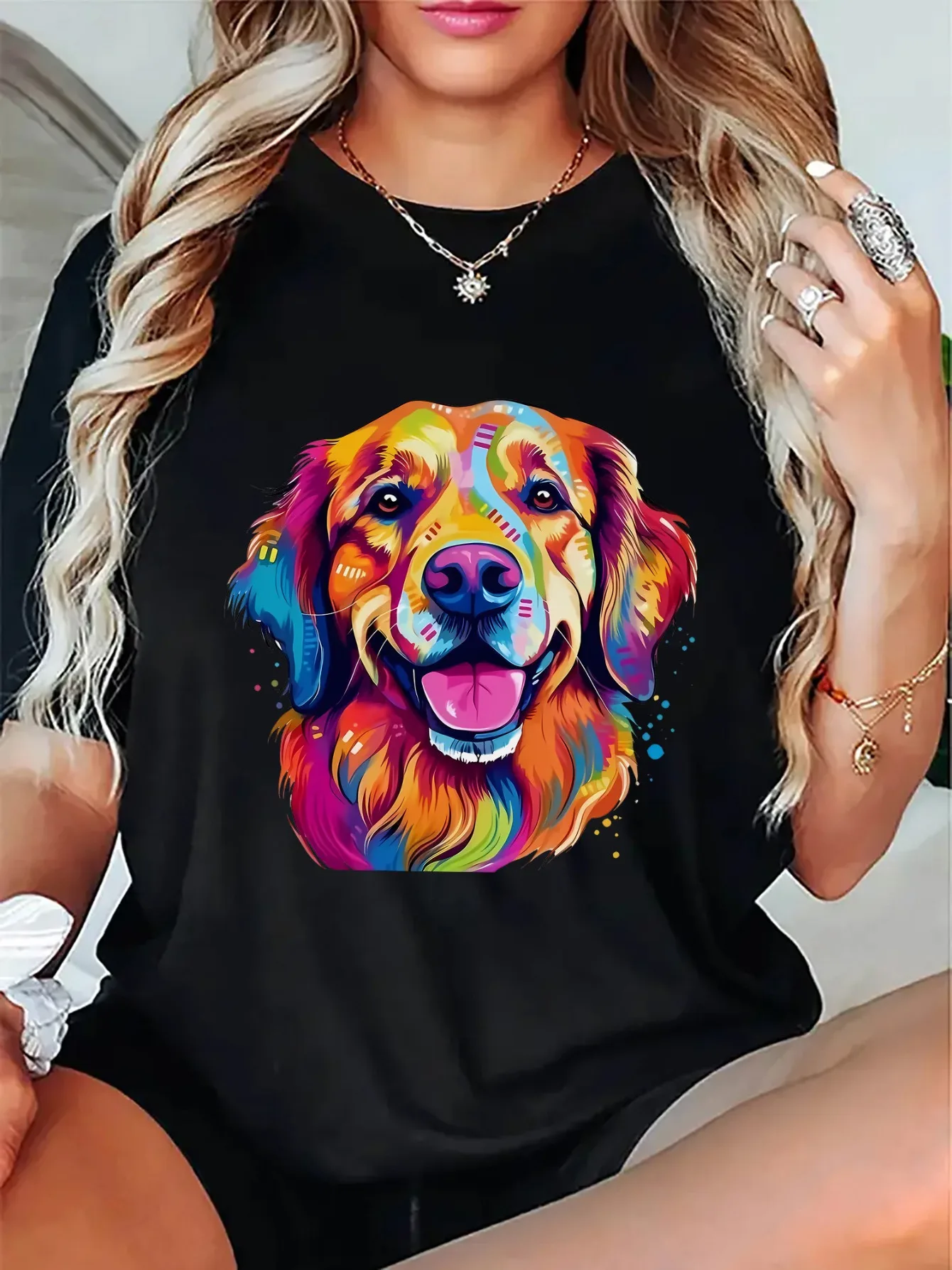 Women's Colorful Dog Graphic T-Shirt-Soft Round Neck Tee with Vibrant Watercolor Print,All-Season Casual Top for Casual Attire