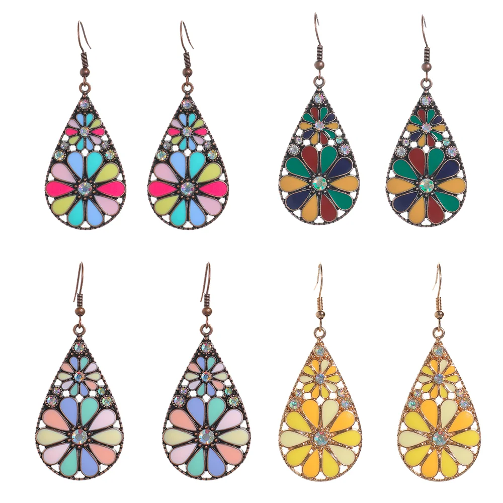 Boho Vintage Style Earrings Geometric Waterdrop Shape Multicolor Sunflower Design Drop Dangle Earrings Party Decors Gifts