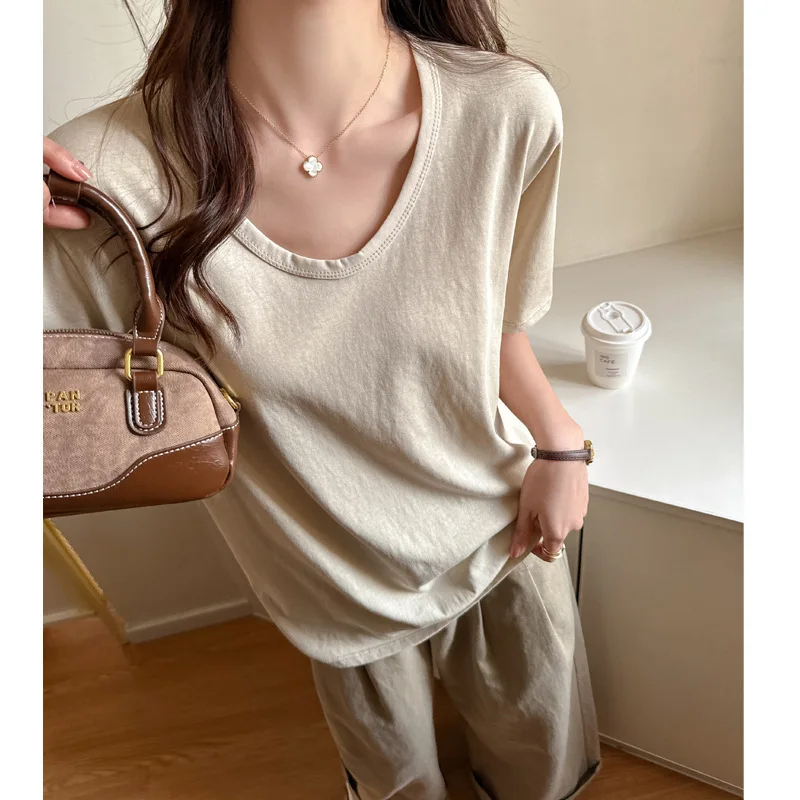 

Casual Style High-End V-Neck Loose Fit Regular Shoulder Short Sleeve T-Shirt Women's Spring Summer Snowflake Cotton Korean Style