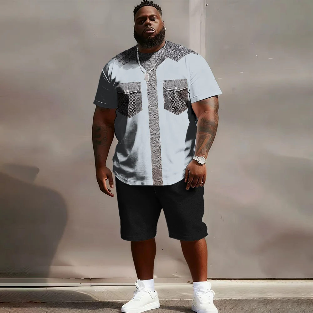 S-9XL Men's Tribal Sun Totem Print T-Shirt & Shorts Set, Oversized Plus Size Casual Two-Piece Outfit for Summer