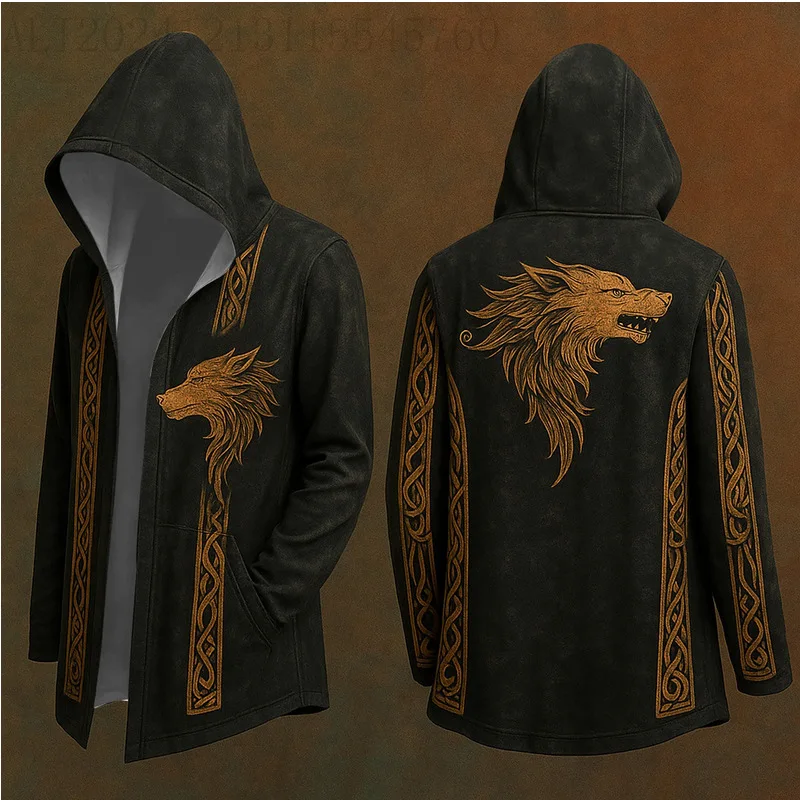Men's Retro Nordic Viking World Tree of Life Hooded Celtic Knot Open-Front Jacket, Medieval Style Casual Coat