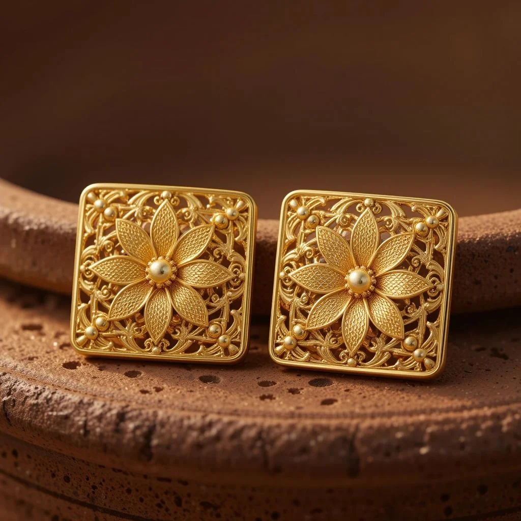 Vintage French Copper Square Stud Earrings with Hollow Filigree Flower Carving, for Banquets and Daily Wear.