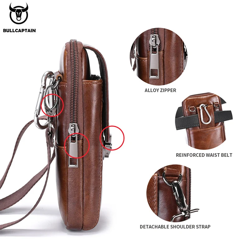 BULLCAPTAIN Genuine Leather Men's Waist Packs Phone Pouch Bags Waist Bag Male Small Chest Shoulder Belt Bag Small Waist Packs image 4