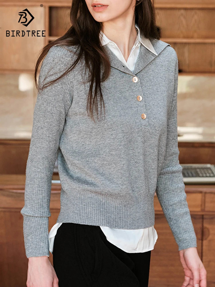 BirdTree, 48.4%Sheep Wool Elegant Pullover, Women Lapel Long Sleeve, Commute Versatile Knit Sweater, Autumn Winter Top T48004QC