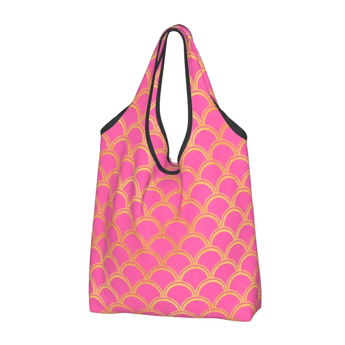 Custom Kawaii Printed Pink Gold  Scale Wave Pattern Shopping Tote Bags Portable Shopper Shoulder Handbag