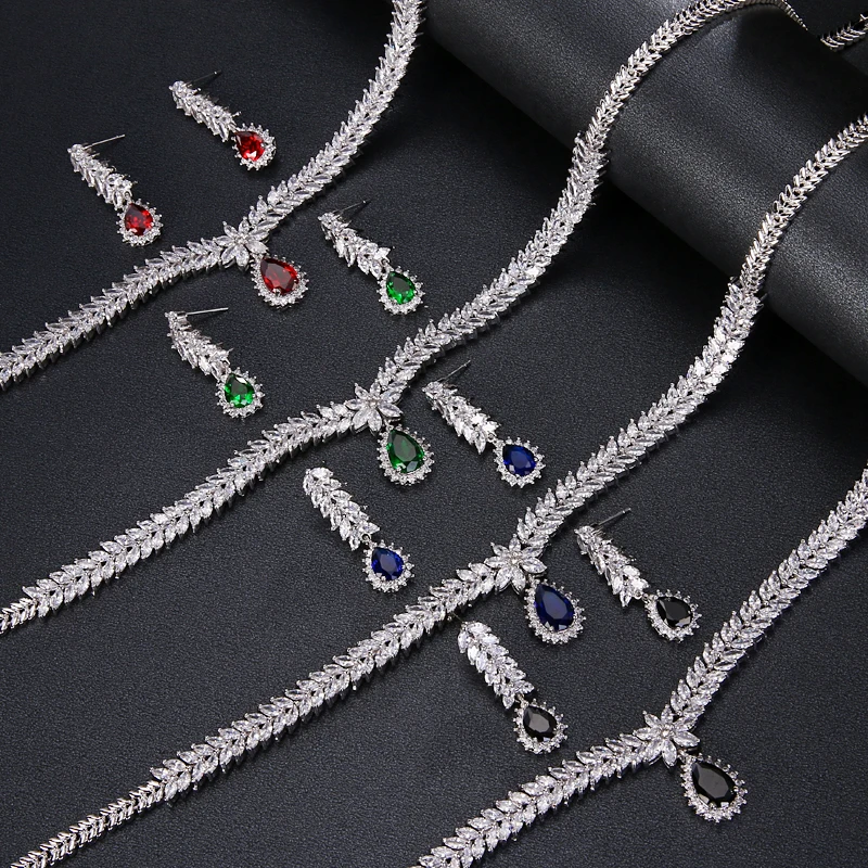 SUGO Classic Hot Sale 5 Colors Options Olive Branch with Water Drop Zirconia Sets for Elegant Women Party  Jewelry Accessories