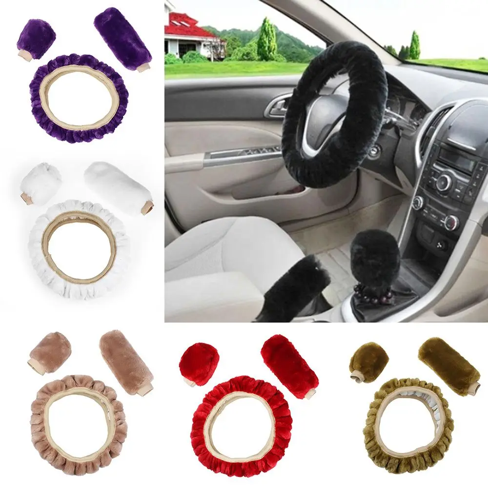 3Pcs/Set Fashion Long Plush Warm Fur Accessory Woolen Handbrake Case Steering Wheel Cover Car Soft Wool