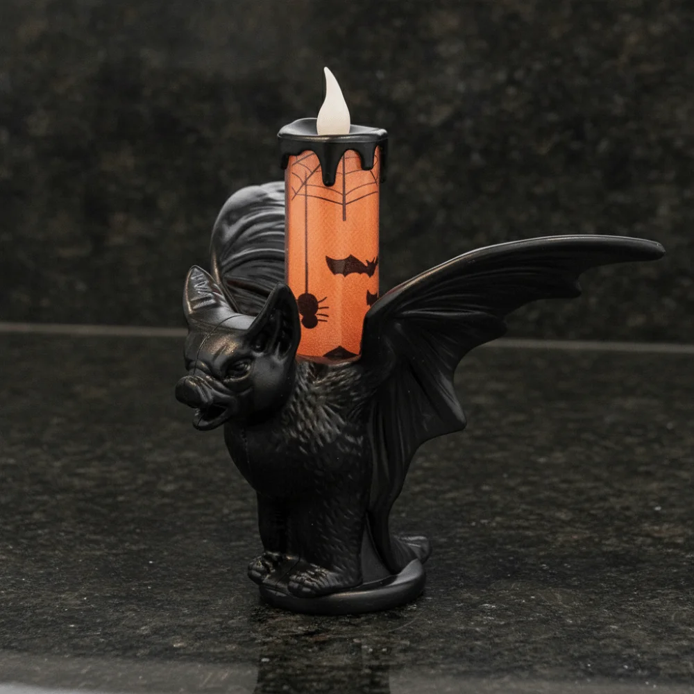 Cell Battery Operated Bat Candle Light Plastic Base Printed Pattern LED Candlestick Warm Flicker Eco Friendly Gothic Lamp