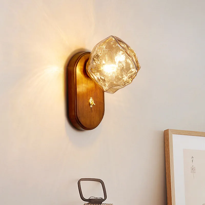 

Japanese glass ice cube wall sconce living room background wall light bedroom bedside ambiance solid wood wall Lamp G9 110V 220V