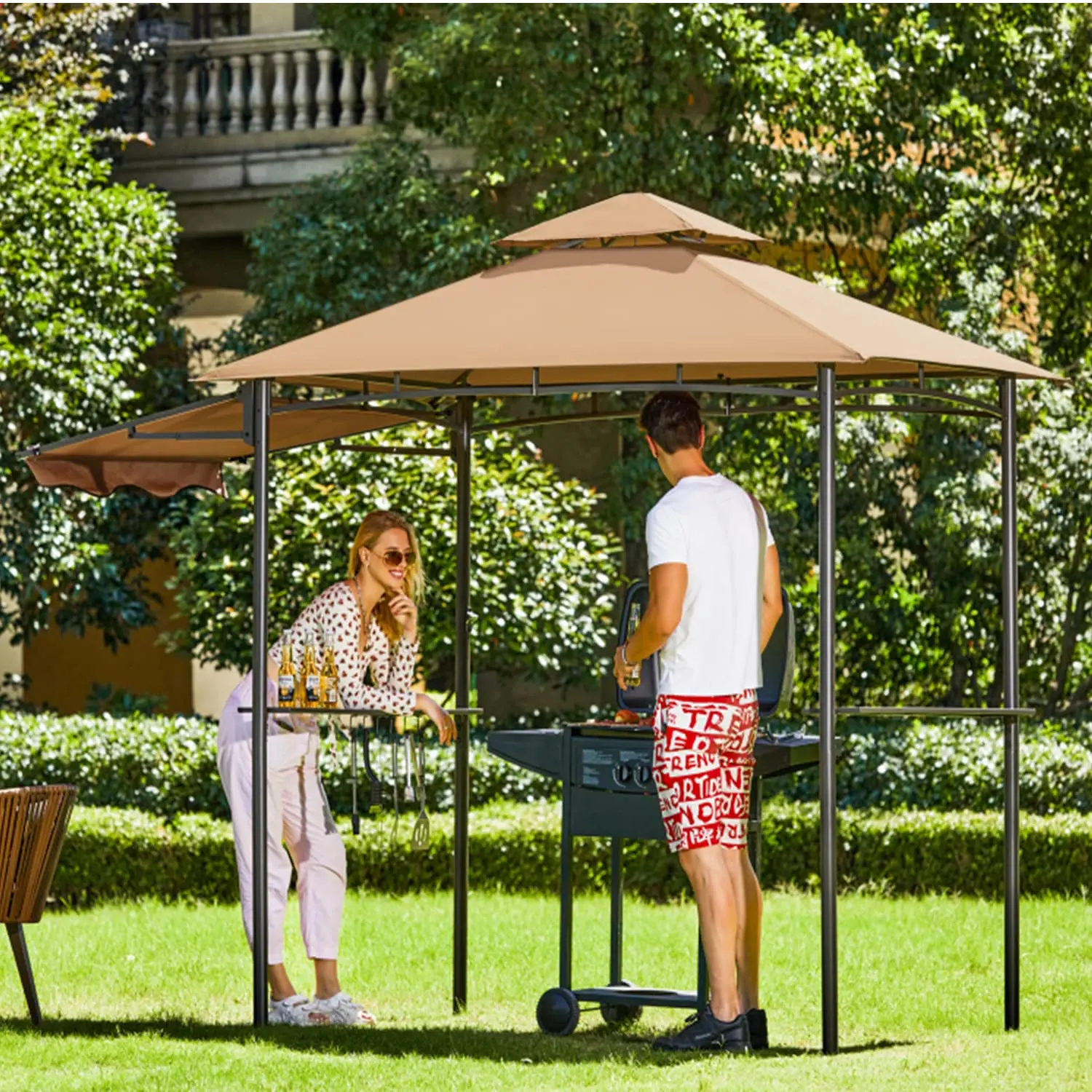 5 X 8 ft BBQ Soft Canopy Double Vented Roof Stable Steel Frame Grill Gazebo with Awning