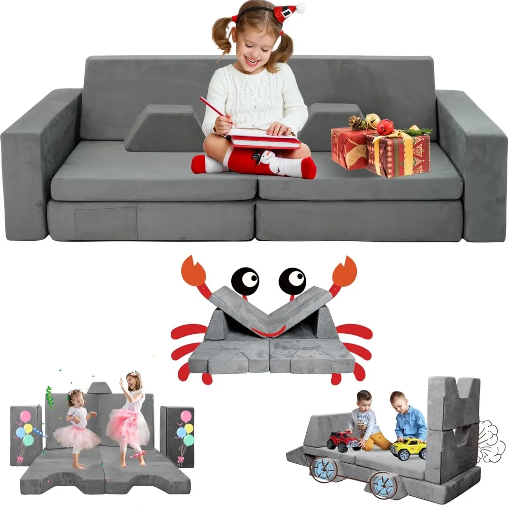 Modular Kids Play Couch,10PCS Convertible Foam Cushion Couch for Babies and Toddlers,Kids Couch Building Fort,Play Couch Set